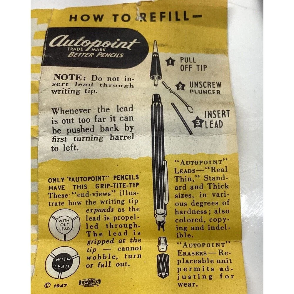 Vintage 1947 Autopoint Deluxe #52G Pencil “Caterpillar” Advert New Old Stock